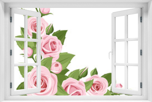 Fototapeta Naklejka Na Ścianę Okno 3D - Vector corner background with pink roses and green leaves.