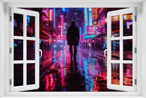 Silhouette of a lone traveler amidst neon-lit urban night, reflections on wet pavement creating a cyberpunk vibe