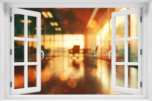 Warm cozy office interior bathed in golden sunset light reflecting on glass walls and creating a serene atmosphere