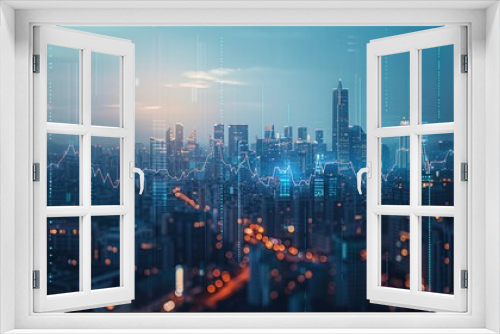 Technological Transformation of Global Finance: Futuristic City Skyline with Digital Financial Data Overlay