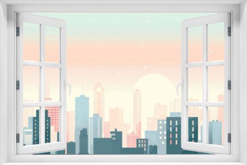 minimalist illustration of a pastel-colored city skyline at dawn