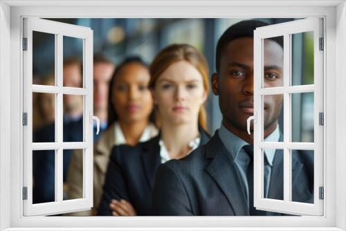 Confident businessman standing in front of his team, representing leadership, teamwork, and professional confidence.