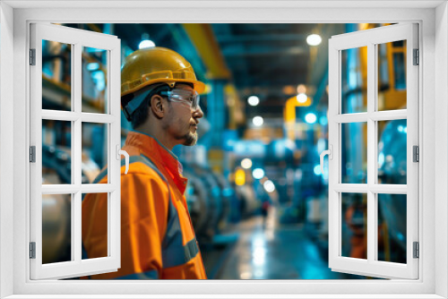 A factory worker in safety gear oversees operations at an industrial plant, highlighting workplace safety and industrial activity.