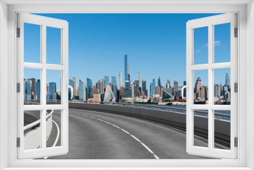 Fototapeta Naklejka Na Ścianę Okno 3D - Empty urban asphalt road exterior with city buildings background. New modern highway concrete construction. Concept of way to success. Transportation logistic industry fast delivery. New York. USA.