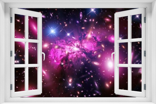 lowing pink and purple galaxy clusters swirling in the depths of space, surrounded by darkness, Generative AI 