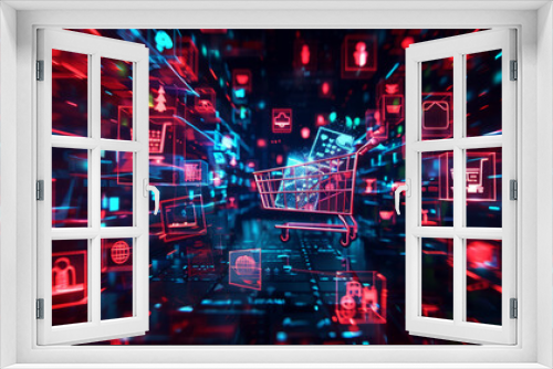 abstract digital shopping cart surrounded by glowing cubes 