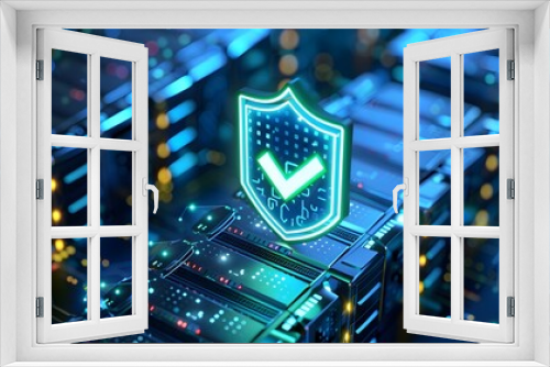 Digital security concept with a glowing shield icon and server hardware, representing data protection and cybersecurity technology.