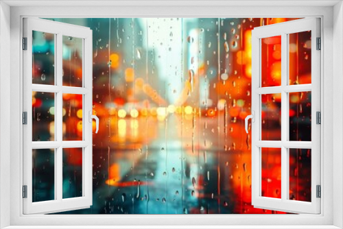 A blurry cityscape with raindrops on the window