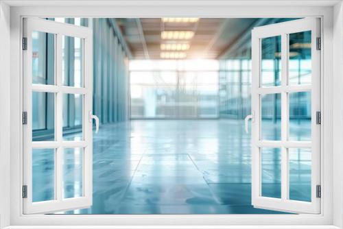 Blurry and unfocused backdrop in an empty office with glass windows for a copy space image
