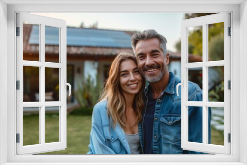 A happy couple posing outside their eco-friendly home with solar panels demonstrating a commitment to sustainable living and environmental consciousness