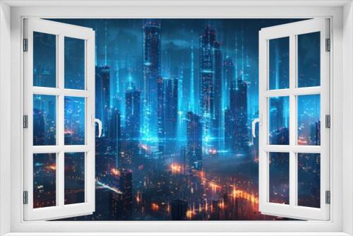 A futuristic digital cityscape: Vertical blue data streams ascend against a dark backdrop, evoking a high-tech ambiance.
