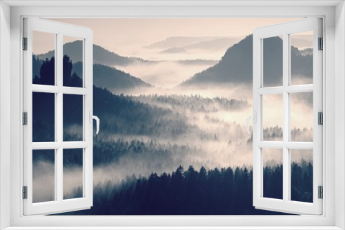 Fototapeta Naklejka Na Ścianę Okno 3D - Colorful daybreak in a beautiful hilly landscape. Peaks of hills are sticking out from fog. The fog is swinging between trees.