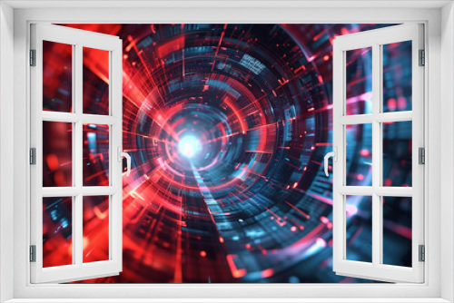 3d abstract technology background with red and blue deep tunnel with glowing electric lights. Web banner and futuristic digital art.	