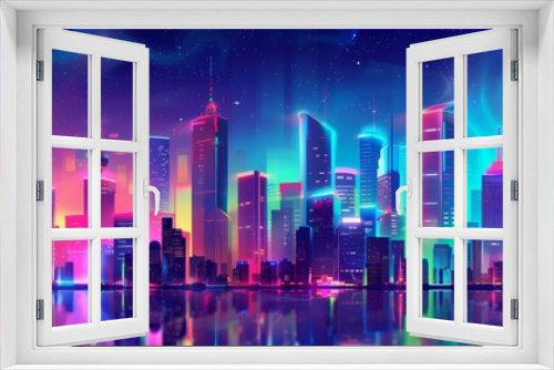 A vibrant night cityscape with illuminated buildings and neon lights, showcasing lively urban energy.