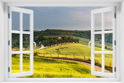Fototapeta Naklejka Na Ścianę Okno 3D - Road between green fields in Tuscany