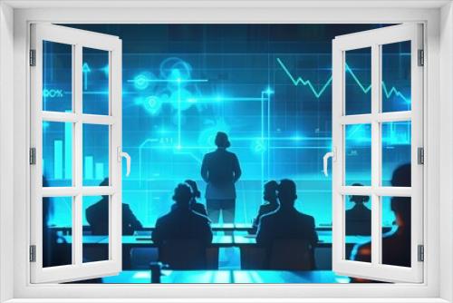 Silhouetted people in a high-tech conference room with data and graphs on digital screens, emphasizing modern technology and business analysis.