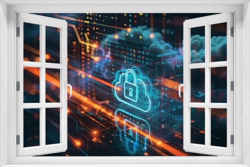 3D Rendering of Digital Clouds with Padlock Icon on Glowing Background, Cyber Security Concept for Online Data Protection and Network Security Technology
