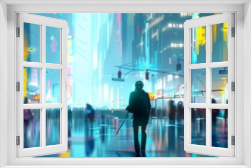 Vibrant Abstract Sci-Fi Scene with Pedestrians in a Digital City: Dreamlike Wallpaper Feel, Captivating Dynamic Future City Skyline Background, AI-Generated High-Resolution Art.