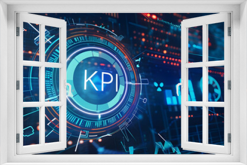 Digital dashboard with KPI metrics and analytics. Blue futuristic interface showing key performance indicators for data analysis and business intelligence.