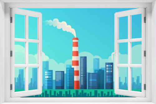 Illustration of an industrial city skyline with multiple smokestacks emitting smoke, contrasted by green trees in the foreground.