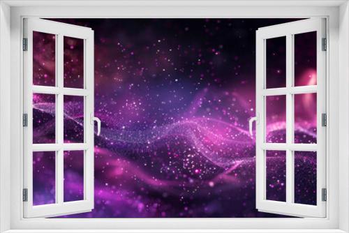 Abstract purple background with glowing particles and smoke waves. Digital illustration of magical light