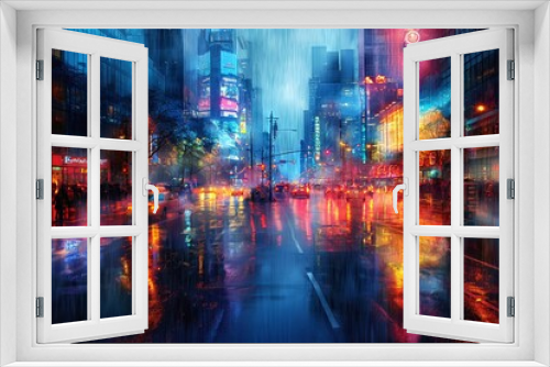 A vibrant image of a neon-lit cityscape during rain at night. The bustling traffic and colorful reflections on the wet streets create a lively urban scene reminiscent of modern nightlife.