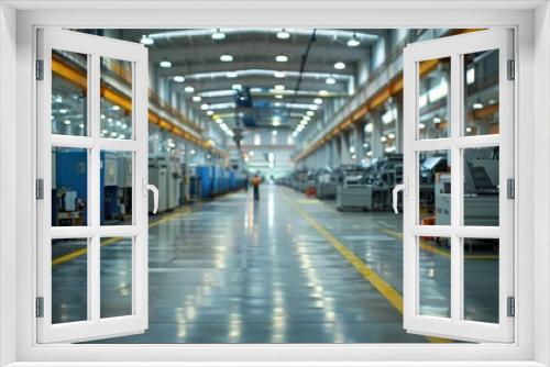 Modern factory interior with large industrial machines and a worker in the distance