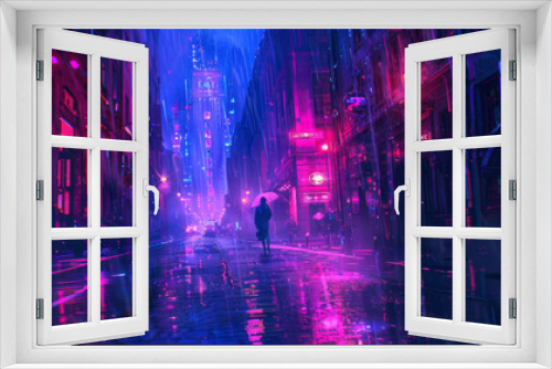 Streets of cyberpunk city, night street with neon lights and holograms, wet streets after rain, old buildings
