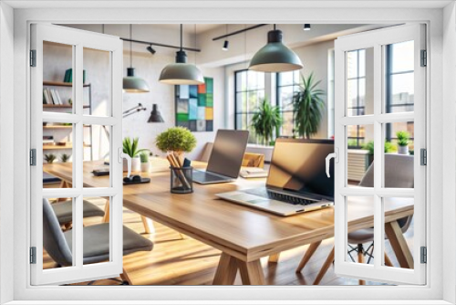 Modern digital studio with laptop, graphic pen, and empty chairs, surrounded by inspiring design elements, awaiting creative brainstorming sessions.