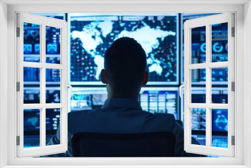 A Man Working at a Wall of Computer Screens