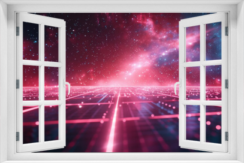 A futuristic digital landscape with glowing red grid lines extending into the distance, set against a star-filled night sky with vibrant cosmic colors. Sci-fi background
