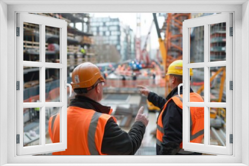 Two construction workers wearing safety vests and hardhats discuss plans while standing in front of a large, urban construction site