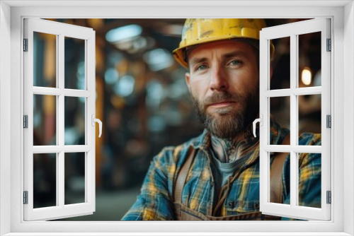 A bearded worker wearing a yellow hard hat and plaid shirt stands confidently in a busy factory setting with industrial machinery in the background.