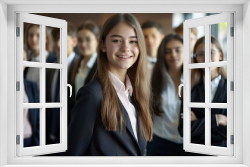 Young rookie girl and her team in suits, standing together in a modern office, with a bright environment and formal attire highlighting their potential as future leaders.