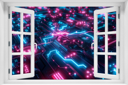 Electric blue and pink lines illuminate a futuristic digital world.