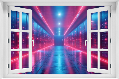 Futuristic data center hallway with neon lights - Generative AI