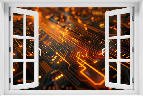 Graphic image of an electronic circuit board in a computer with golden sparkles. Ai generate.
