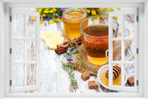 Fototapeta Naklejka Na Ścianę Okno 3D - Cup of tea, honey and flowers