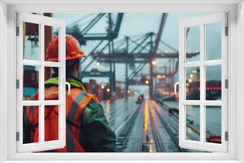 A port gangway with containers and cranes in the background, with an engineer wearing safety gear looking out over them