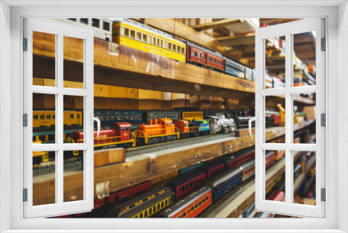A cozy room filled with well-arranged model trains on wooden shelves, highlighting the collector's meticulous arrangement and attention to detail.