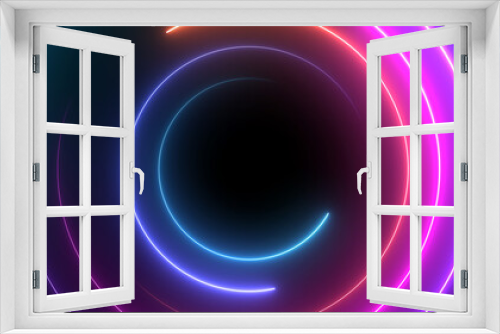 Fototapeta Naklejka Na Ścianę Okno 3D - Neon circles moving rotating seamless loop. Hi technology abstract nightclub connection retro style bg. Futuristic creative shiny neon glowing dance stage club backdrop. VJ loop stream starting.