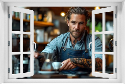 Handsome tattooed barista preparing a coffee