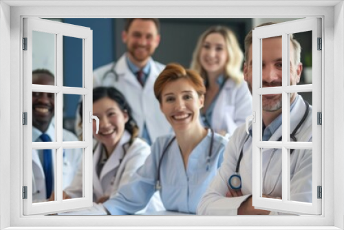 A team of doctors in white coats standing together in a hospital