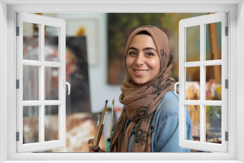 Creative female artist in hijab and casual clothes, smiling in her art studio with paintings and brushes, showcasing her passion and talent, photo taken from the waist up