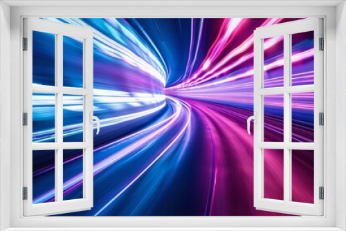 Streaks of pink and blue light illuminate a dark tunnel, creating a sense of rapid movement and energy. Perfect for projects related to technology, speed, and progress