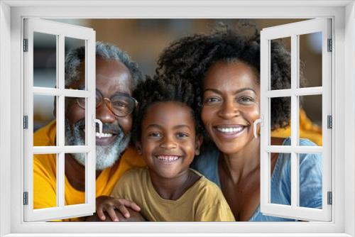 A cheerful family, filled with laughter, watches entertaining streams on TV with the grandparent and grandchild together