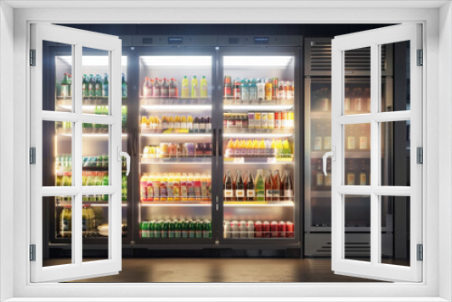 A refrigerated display unit filled with assorted beverages and colorful drinks in a stylish, modern grocery store.