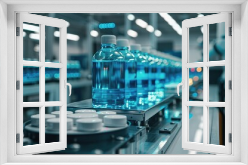 Blue Liquid Bottles Moving on Conveyor Belt in Modern Factory