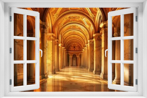 Majestic Illuminated Grand Hallway with Symmetrical Arches and Ornate Decor