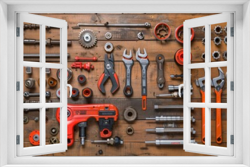 A comprehensive flat lay of essential plumbing tools like pipe wrenches adjustable spanners and pliers with assorted pipes and fittings Stock Photo with copy space